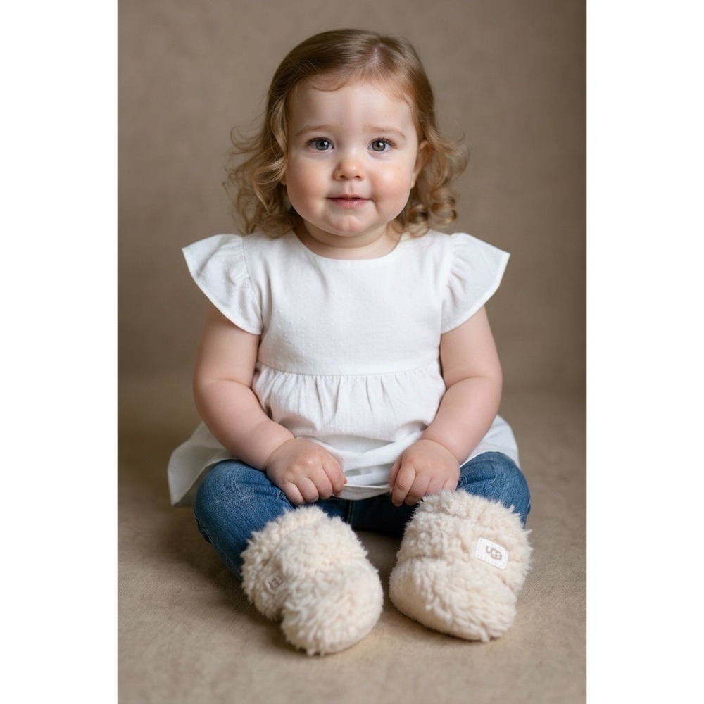 Nwot Adorable Baby Ugg Faux Fur Shearling Beige Booties Size 0/1 ABOUT 6"